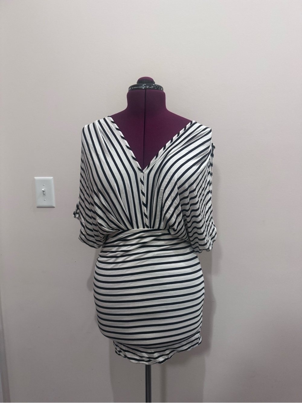 Striped Fraiche by J Neiman Marcus V-Neck Ruched Waist Dress - Black & White